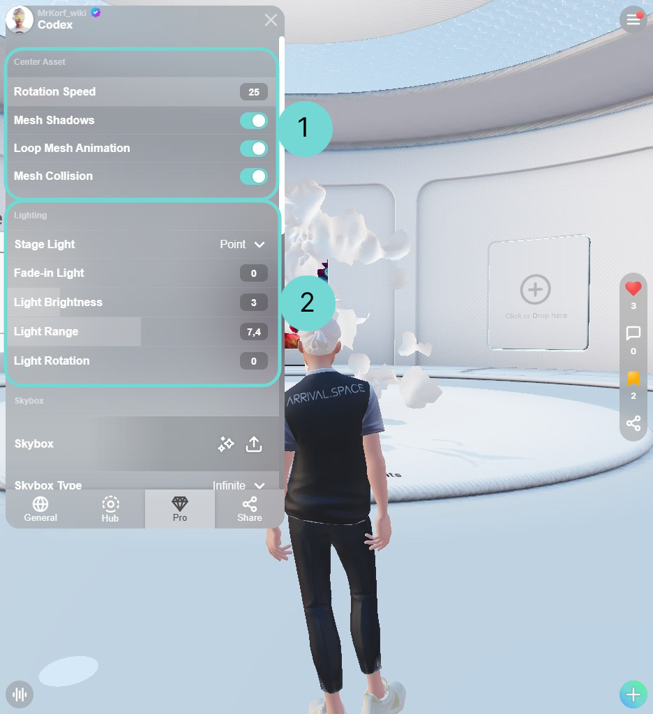 Edit light settings and adjust your center asset