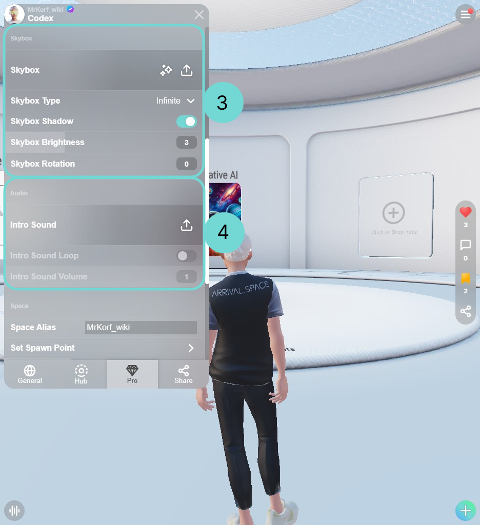 Customize your space with a skybox or intro sound.