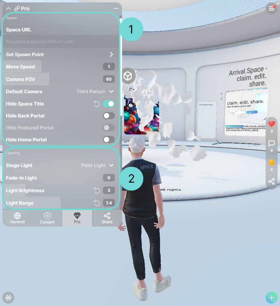 Edit light settings and adjust your center asset